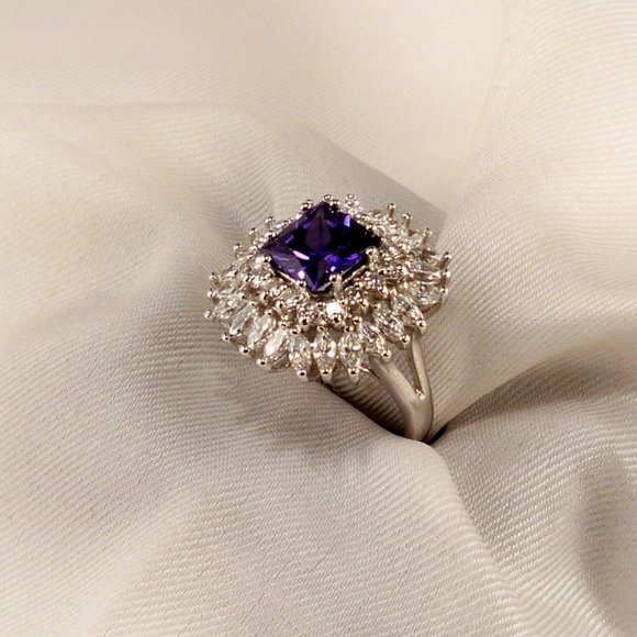 NEW Purple Cubic Zirconias Silver Double Halo Designer Ring